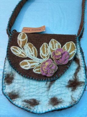 RISING TIDE Brown & Light Blue Felted Wool Floral Crossbody Bag New w Tags